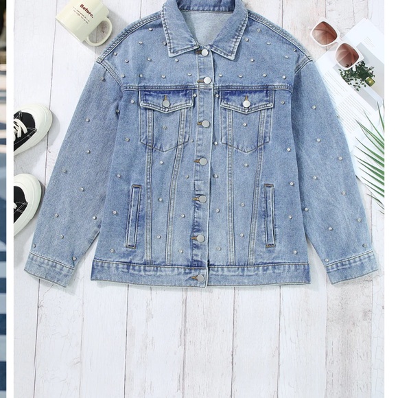 Women's Light Blue Denim Jacket with Rhinestone Stud Details - Picture 11 of 15
